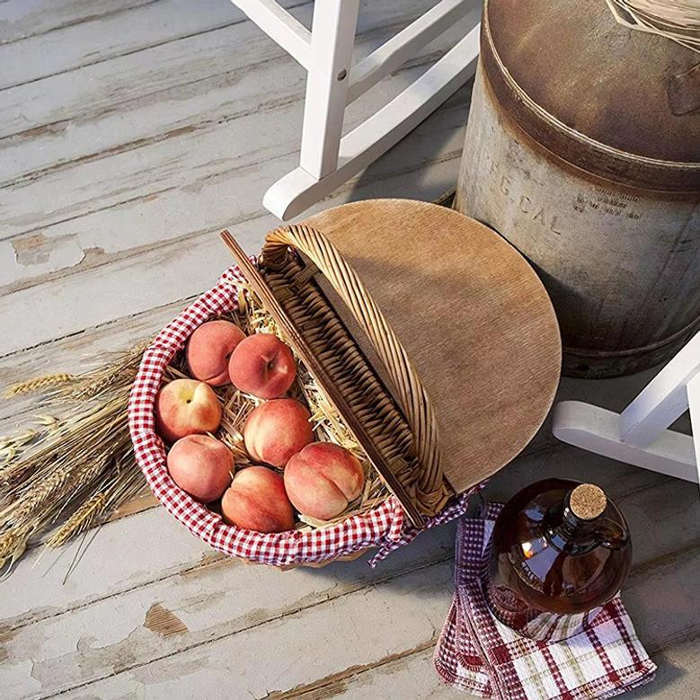 Wooden Split Lid Picnic Basket with Woven Handle