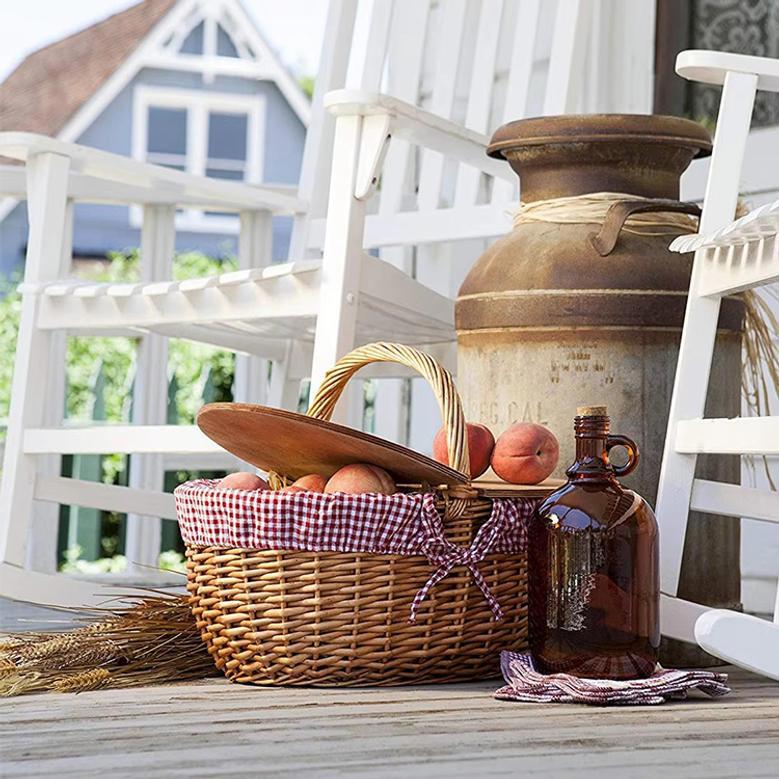 Wooden Split Lid Picnic Basket with Woven Handle