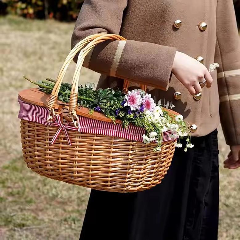 Wooden Split Lid Picnic Basket with Woven Handle