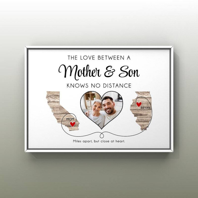 Custom State Map Canvas - Long Distance Mother-Son Photo Keepsake