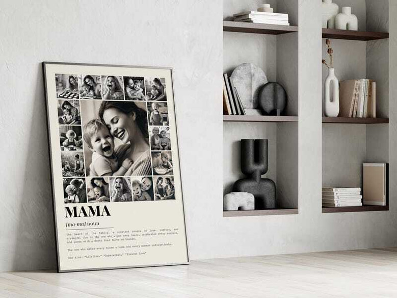 Mom definition photo collage canvas in minimalist style, custom photos and names, thoughtful Mother’s Day gift, landscape