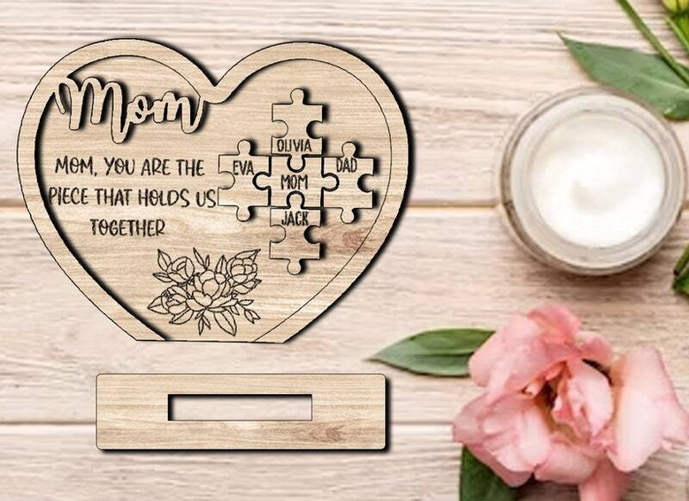 Mother's Day canvas print with heart puzzle graphic, customize with kids' names, a sentimental keepsake gift for Mom
