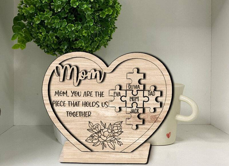 Mother's Day canvas art with interlocking puzzle pieces and hearts, add children's names, a sweet gift for Mom's living room
