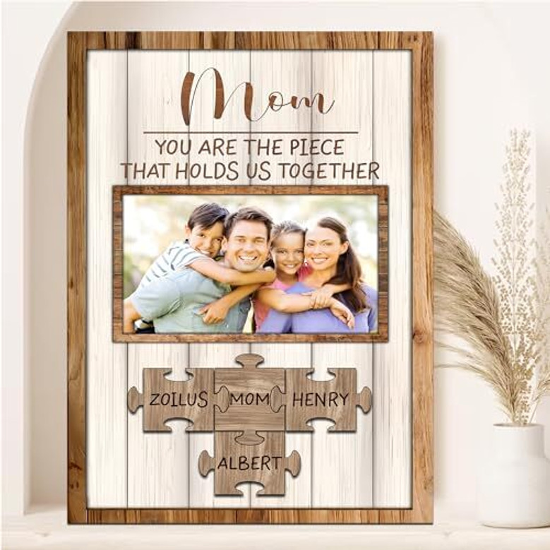 Mother's Day canvas wall art with puzzle piece design, custom names of children for Mom, from son or daughter