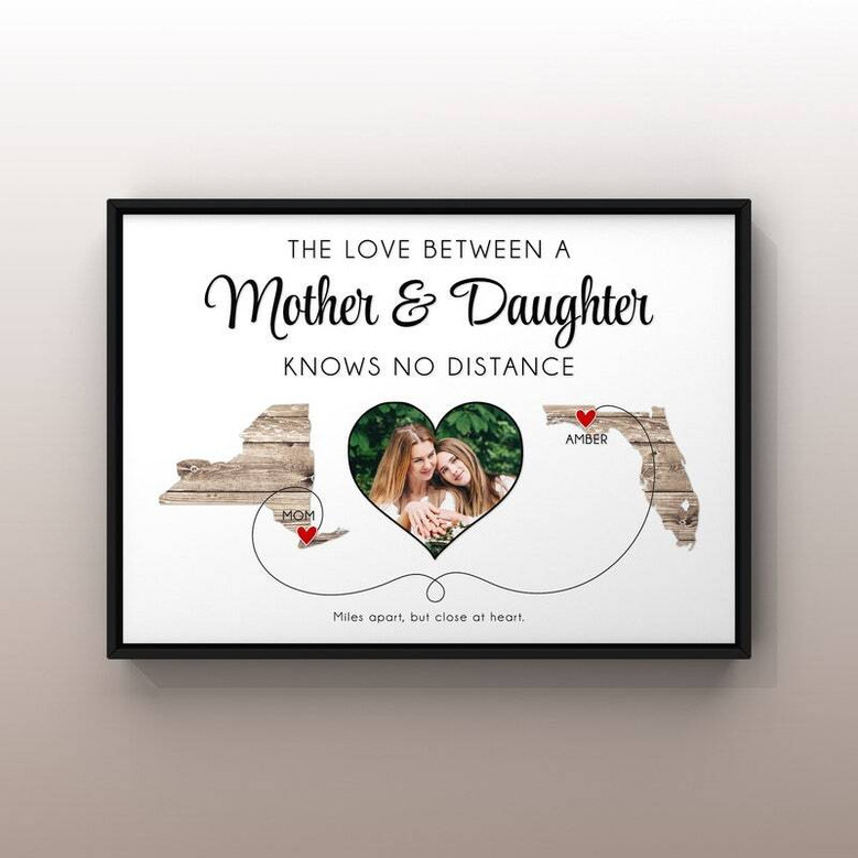 Long-distance state-to-state mother daughter canvas with custom photo, names, dates, and heart path; Mother's Day gift