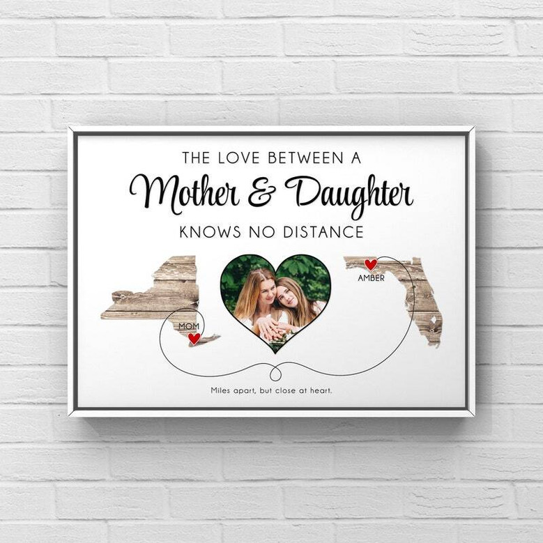 State-to-state mother daughter photo canvas, custom state outlines and heart route; from daughter for Mother's Day