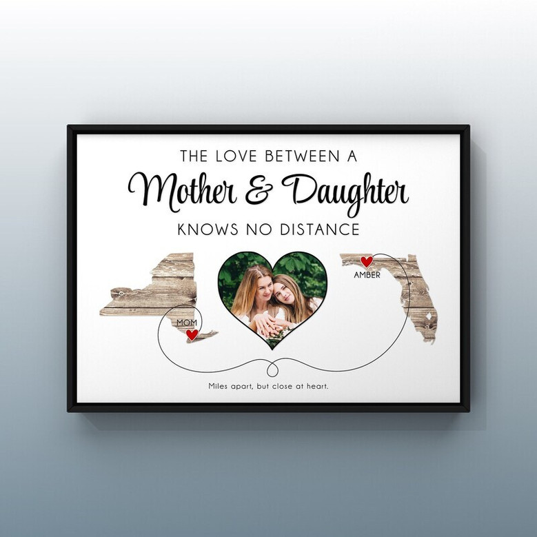 Long distance mother daughter state-to-state canvas personalized with two states, names, date, and photo; Mother's Day gift