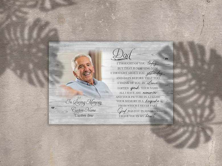 Dad memorial canvas personalized with photo and memorial message; soothing design for sympathy gift and home remembrance