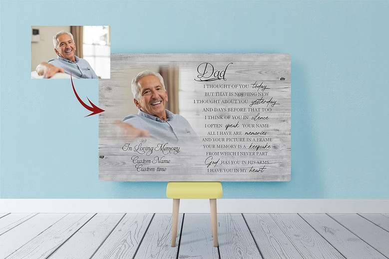 Dad memorial canvas with custom photo, name, and dates in elegant script; remembrance art sympathy gift for loss of father