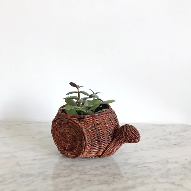 Brown Woven Rattan Wicker Snail Basket | Unique Plant Pot for Home and Garden Decor