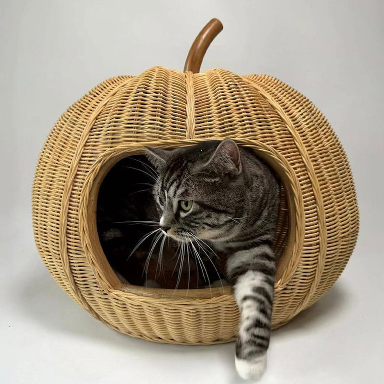 Comfortable Rattan Dog and Cat Bed | Cozy Pet Shelter with Wicker Pumpkin Basket Decor