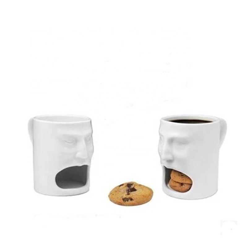 Cute White Ceramic Coffee Mug with Biscuit Pocket