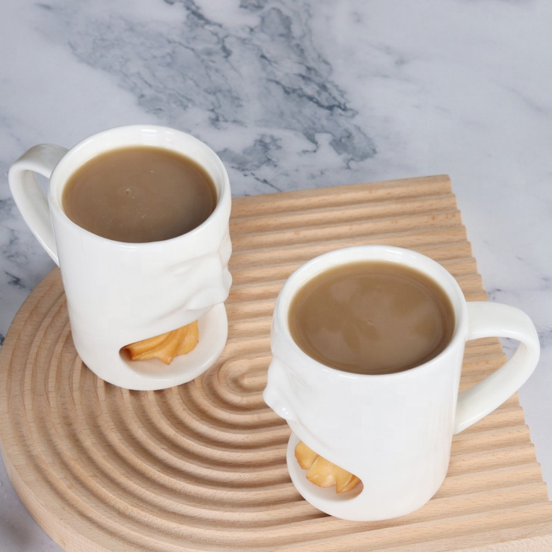 Cute White Ceramic Coffee Mug with Biscuit Pocket