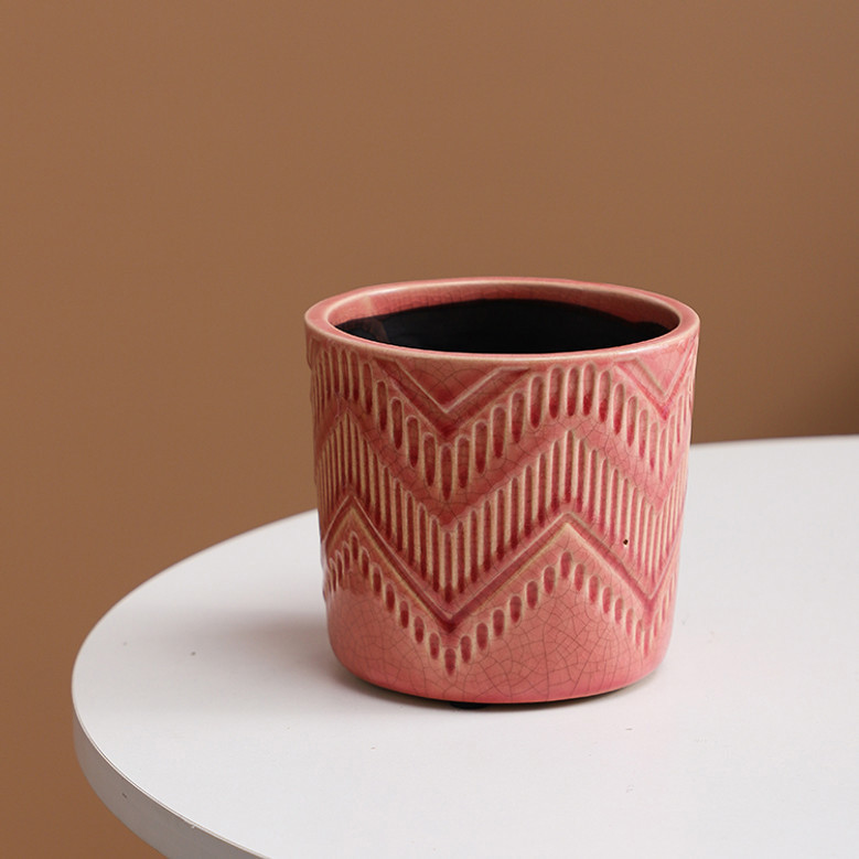 Decorative Red Ceramic Plant Pot with Crack Design