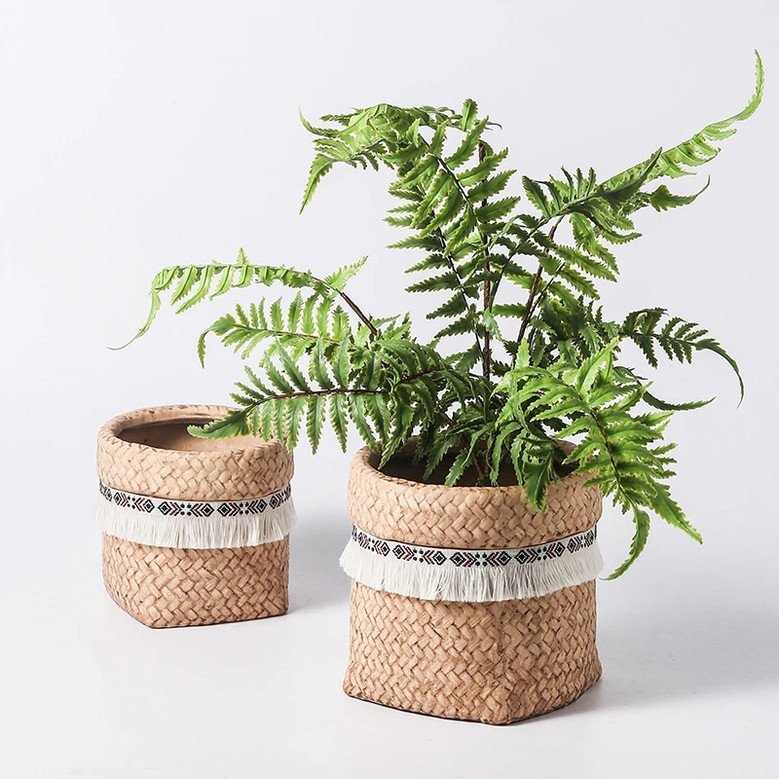 Farmhouse Plant Pot with Weave and Tassel Design for Succulent