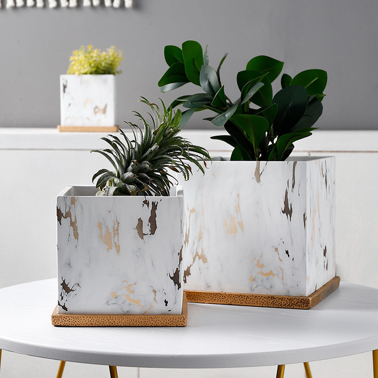 Gold and White Square Ceramic Plant Pot with Marble Effect