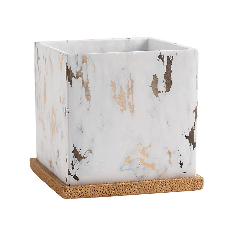 Gold and White Square Ceramic Plant Pot with Marble Effect