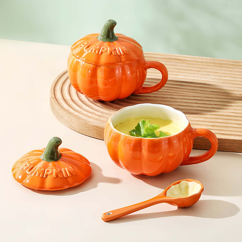 Halloween Pumpkin Mug for Coffee & Tea | Festive Ceramic Soup Mugs with Lids – Perfect for Fall & Spooky Season