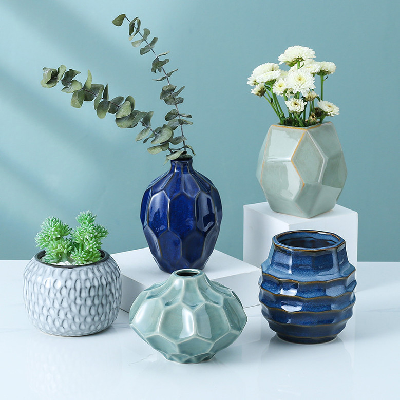 Mini Ceramic Plant Pots With Vintage Geometric Glazed