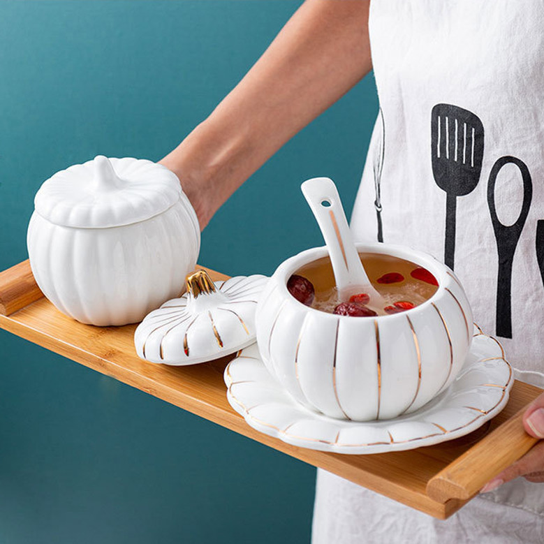 Pumpkin Ceramic Soup Mugs with Lids For Kitchen, Daily Use