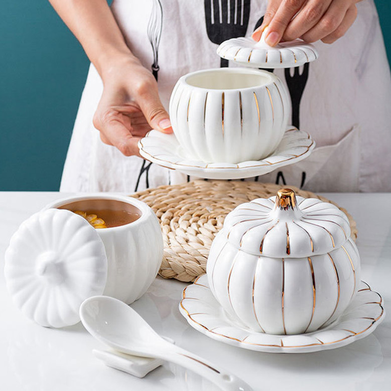 Pumpkin Ceramic Soup Mugs with Lids For Kitchen, Daily Use