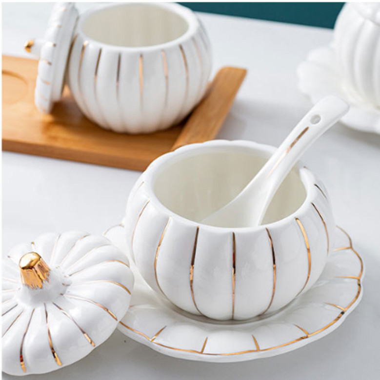 Pumpkin Ceramic Soup Mugs with Lids For Kitchen, Daily Use