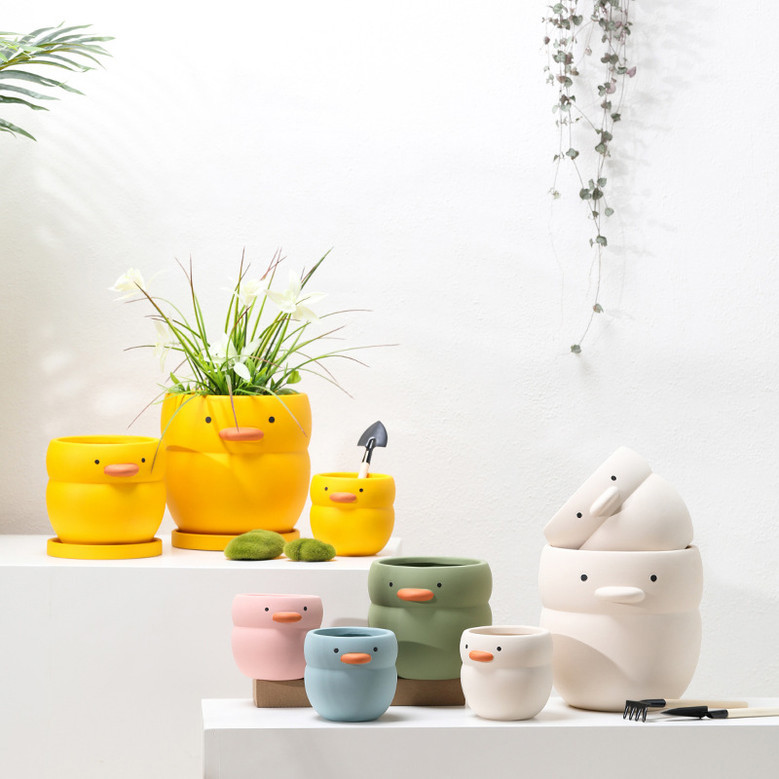 Small Ceramic Plant Pot With Duck Shape for Kids Room Decor