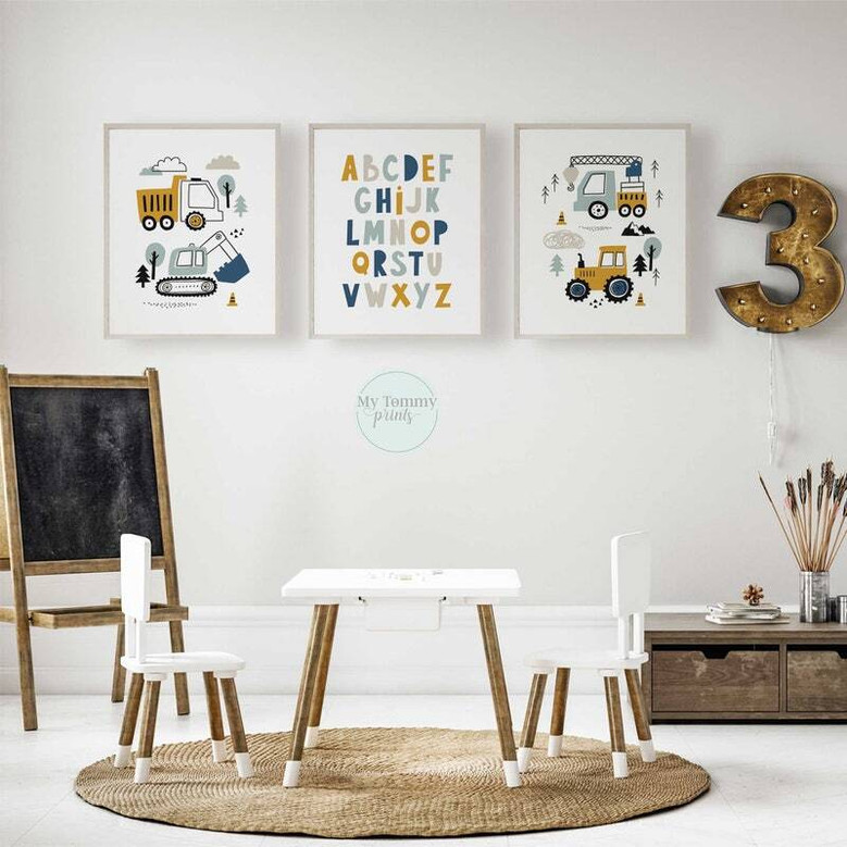 Construction Vehicle Alphabet Canvas For Boys - Educational Nursery Art Set Of 3 For Kids' Room