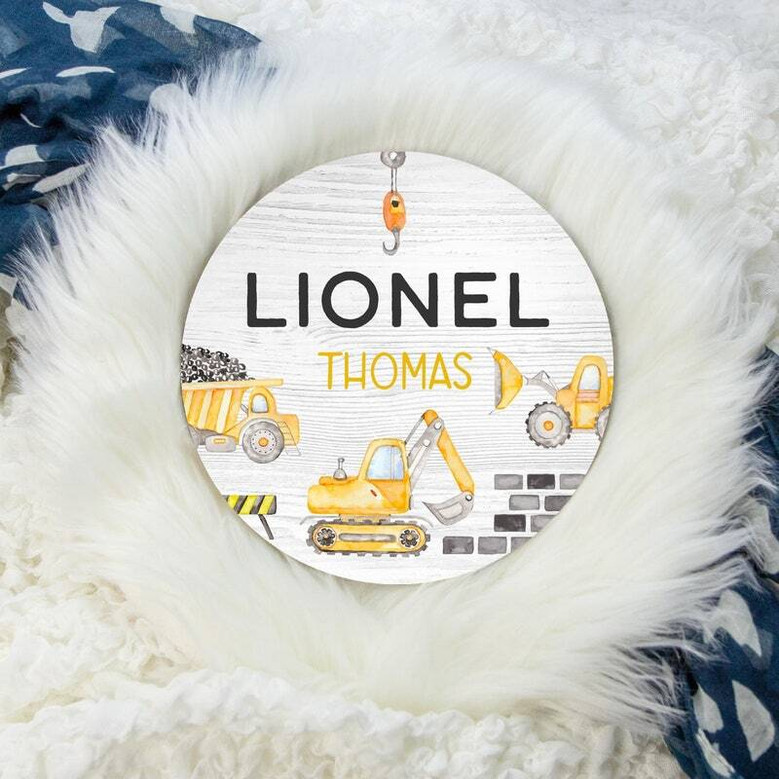 Personalized Round Wood Name Sign For Construction Nursery – Baby Announcement Decor