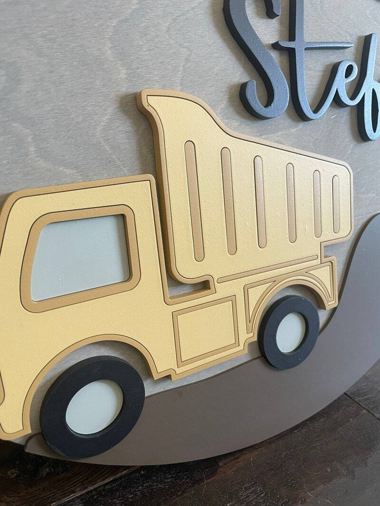Custom Round Wood Name Sign With Construction Theme For Kids Room Nursery & Baby Shower Gift