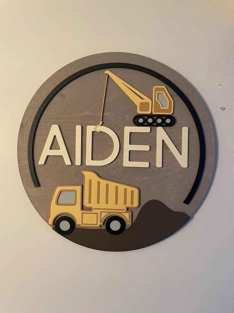 Custom Round Wood Name Sign With Construction Theme For Kids Room Nursery & Baby Shower Gift