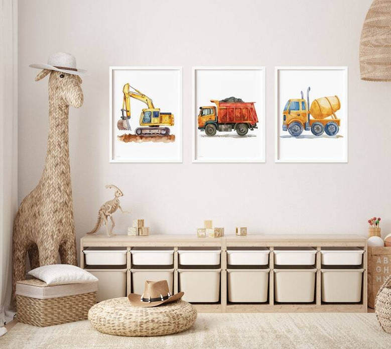 Personalized Construction Vehicles Canvas Set For Kids' Room: Excavator, Dump Truck, Concrete Mixer