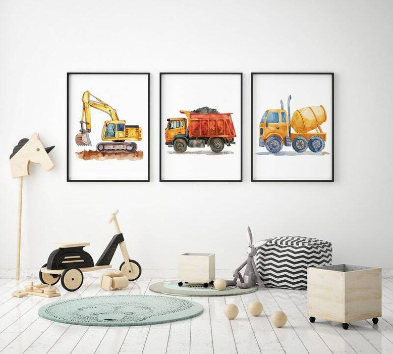 Personalized Construction Vehicles Canvas Set For Kids' Room: Excavator, Dump Truck, Concrete Mixer