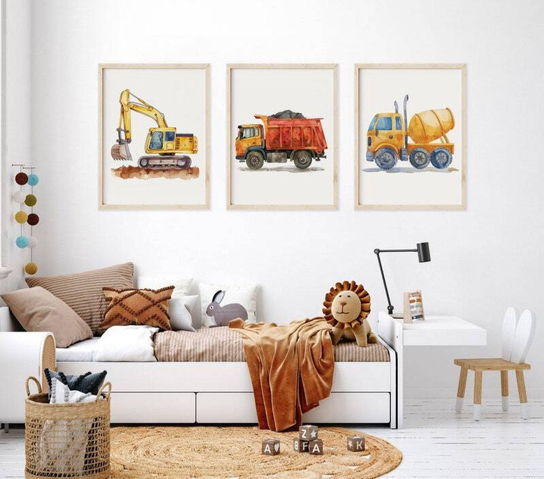 Personalized Construction Vehicles Canvas Set For Kids' Room: Excavator, Dump Truck, Concrete Mixer