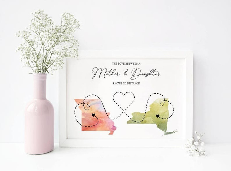 Long distance mother daughter canvas wall art with script typography and warm tones, meaningful Mother's Day gift for mom