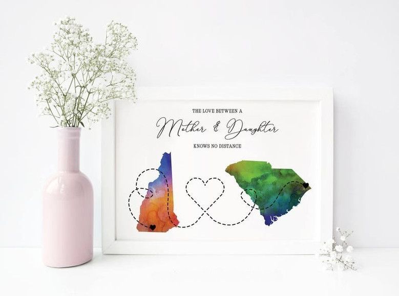 Long distance mother daughter canvas showcasing love across miles with subtle hearts, sentimental Mother's Day gift for mom
