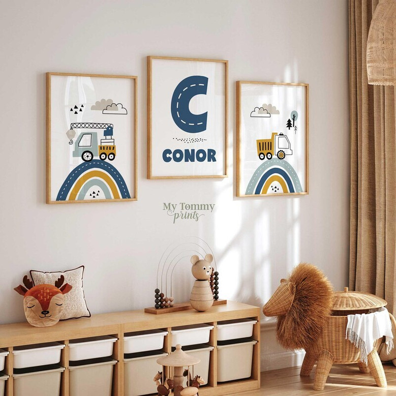 Custom Named Construction Nursery Canvas Set - Boys Bedroom Wall Art