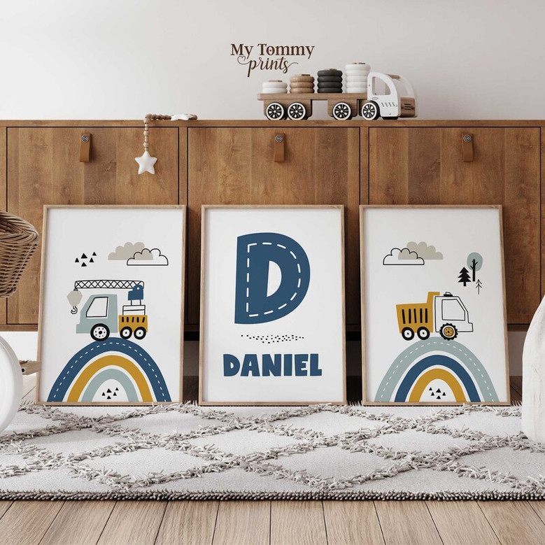 Custom Named Construction Nursery Canvas Set - Boys Bedroom Wall Art
