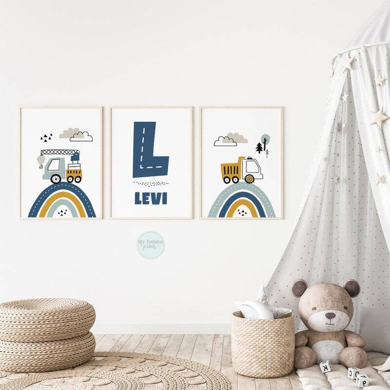 Custom Named Construction Nursery Canvas Set - Boys Bedroom Wall Art
