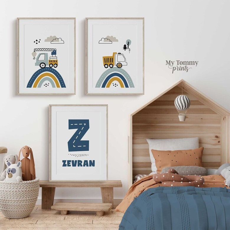 Custom Named Construction Nursery Canvas Set - Boys Bedroom Wall Art