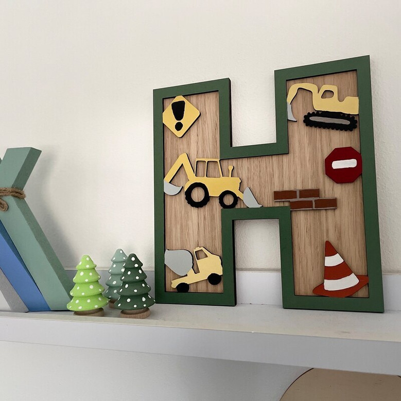 Construction Themed Boys' Wooden Sign- Personalized Nursery Name Art For Bedroom