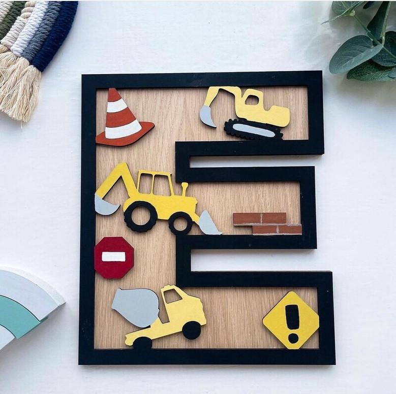Construction Themed Boys' Wooden Sign- Personalized Nursery Name Art For Bedroom