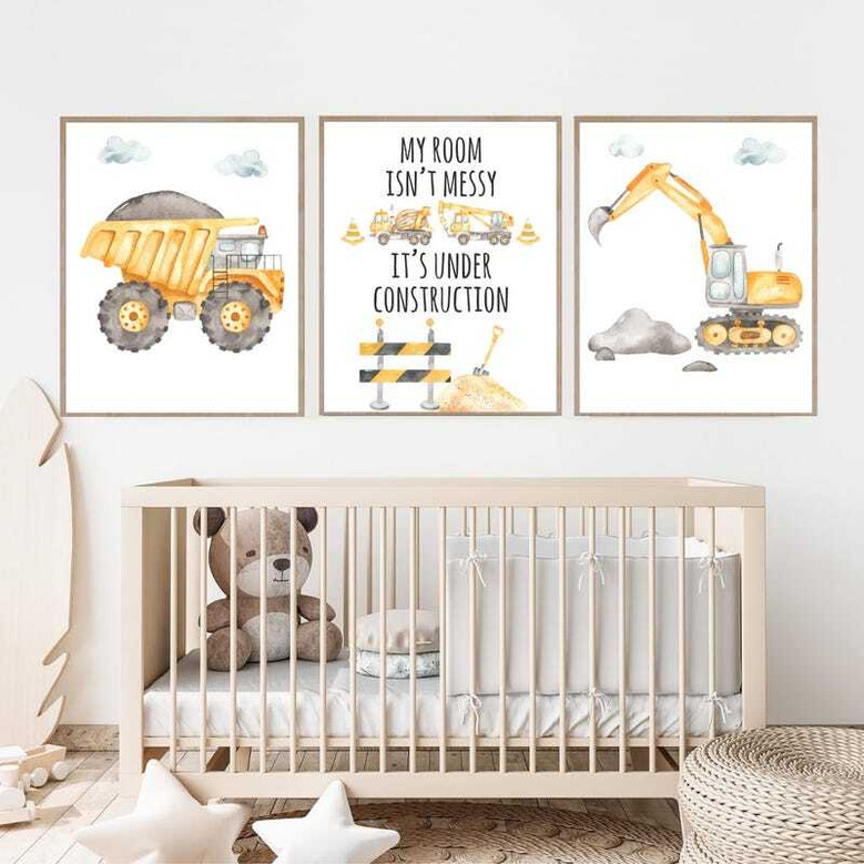 Watercolor Construction Canvas Set For Boys' Bedroom Decor - Nursery Wall Art