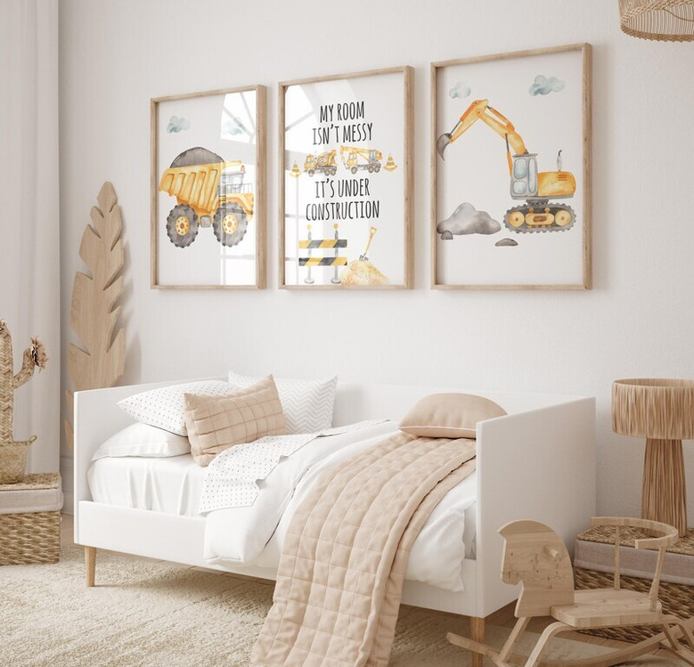 Watercolor Construction Canvas Set For Boys' Bedroom Decor - Nursery Wall Art