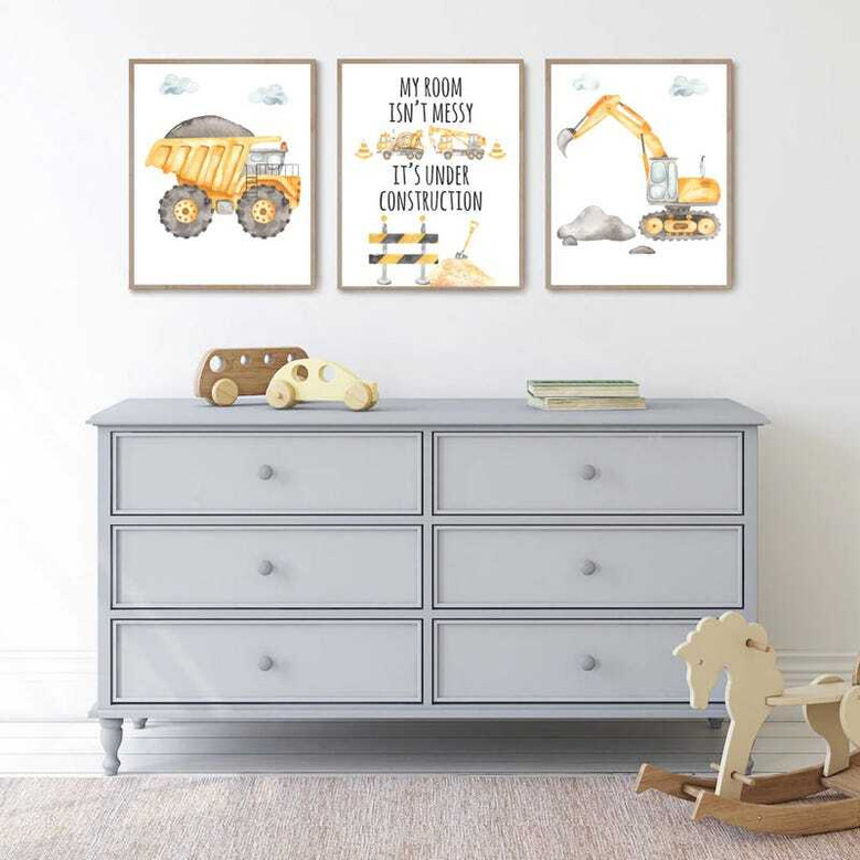 Watercolor Construction Canvas Set For Boys' Bedroom Decor - Nursery Wall Art