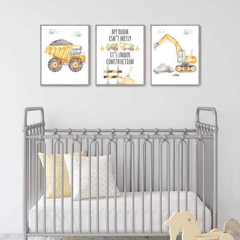 Watercolor Construction Canvas Set For Boys' Bedroom Decor - Nursery Wall Art