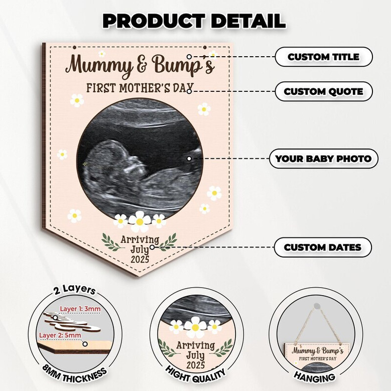 First Mother's Day custom wood sign featuring baby ultrasound, round maple with stand, heart border, name and year