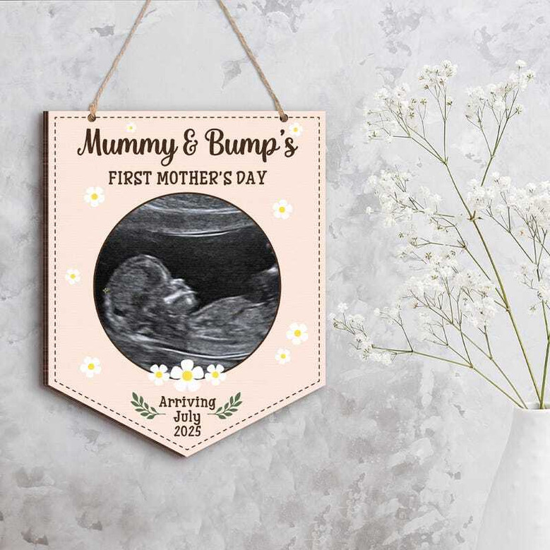 First Mother's Day custom wood sign with baby ultrasound photo, walnut rectangle, engraved names and date, gift for new mom