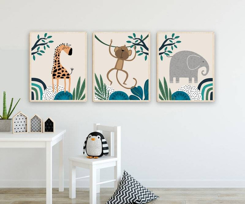 Jungle safari animal canvas prints for baby boy nursery decor, cute lion, elephant, giraffe in pastel tones, set of three