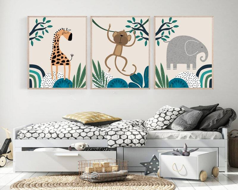 Jungle safari nursery canvas art set, cute animal illustrations with leaf accents, ideal wall decor for baby boy room